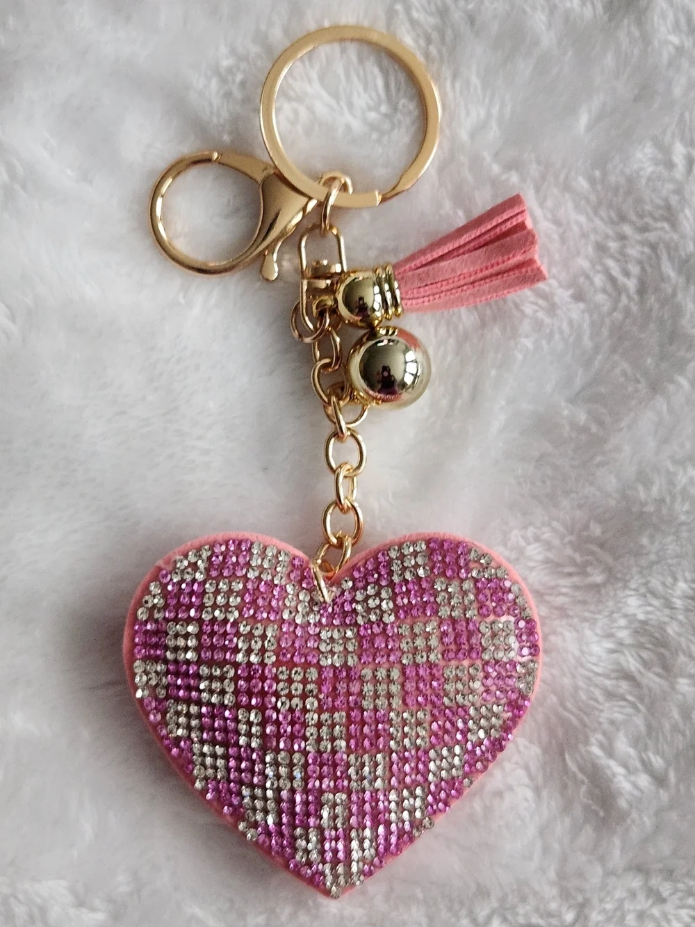 Pink Heart Rhinestone Keychain with Tassel Checkered Bag Charm